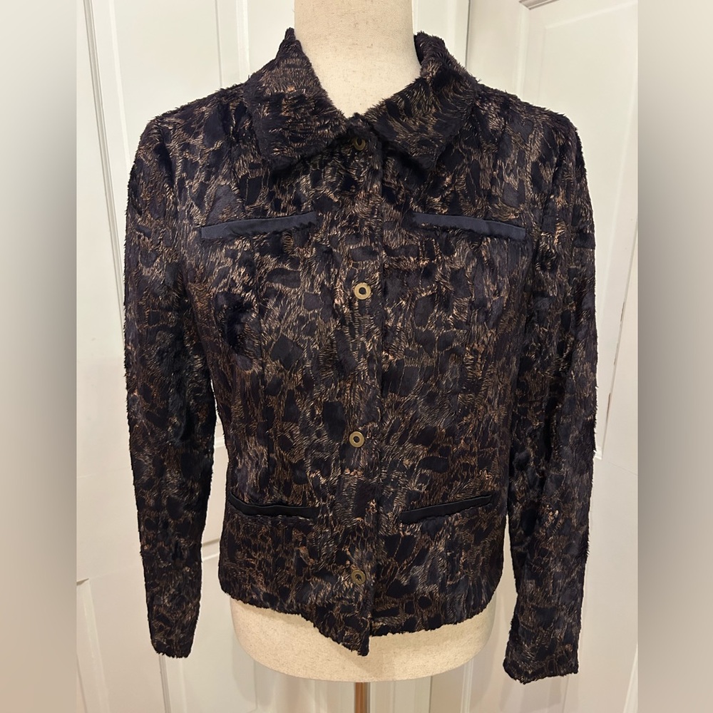 VTG Y2K MI JONG LEE Textured Faux Fur‎ Jacket Navy Gold Sz 4 Luxe Cropped